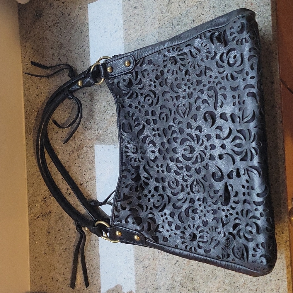 EUC Isabella Fiore black laser cut leather bag